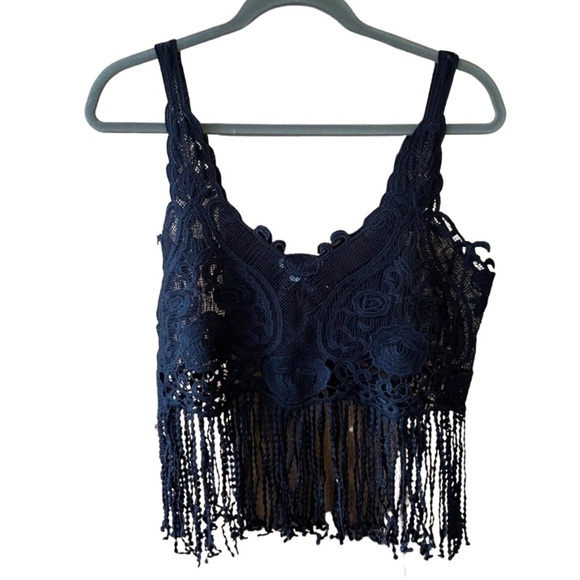 Charlotte Russe Black Crop Top w/ Fringe Large - Picture 1 of 5